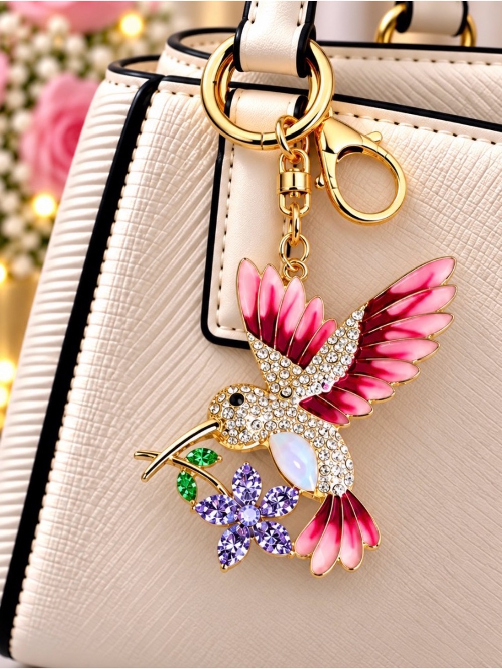 Pink Enamel Winged Hummingbird Bag Charm/Keyring-Gold Tone Hardware